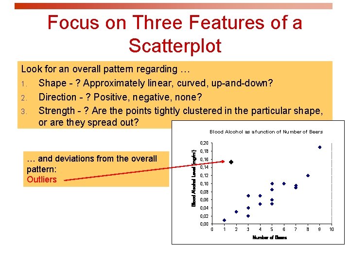 Focus on Three Features of a Scatterplot Look for an overall pattern regarding …