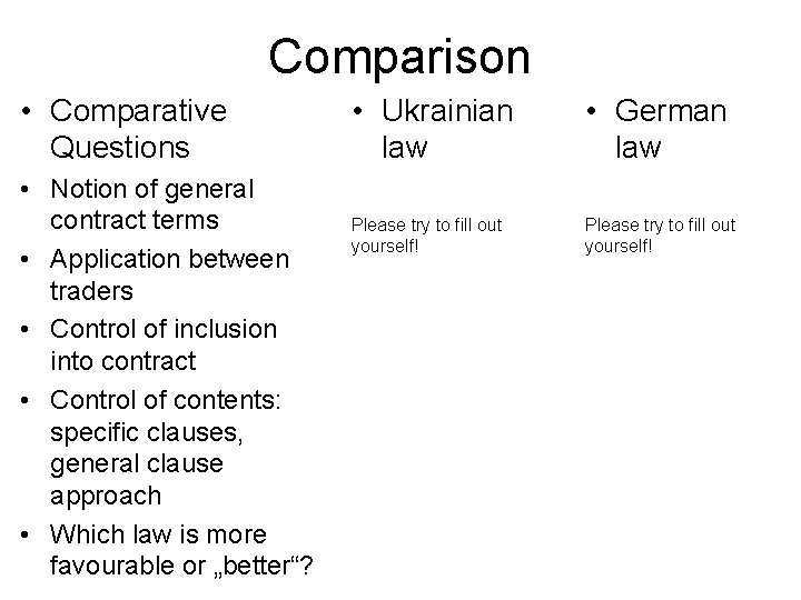 Comparison • Comparative Questions • Notion of general contract terms • Application between traders