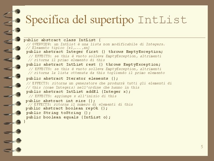 Specifica del supertipo Int. List public abstract class Int. List { // OVERVIEW: un