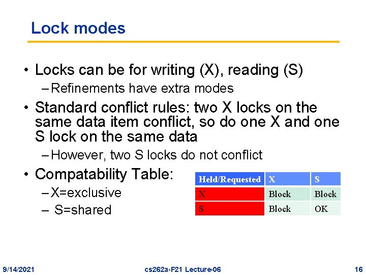 Lock modes • Locks can be for writing (X), reading (S) – Refinements have