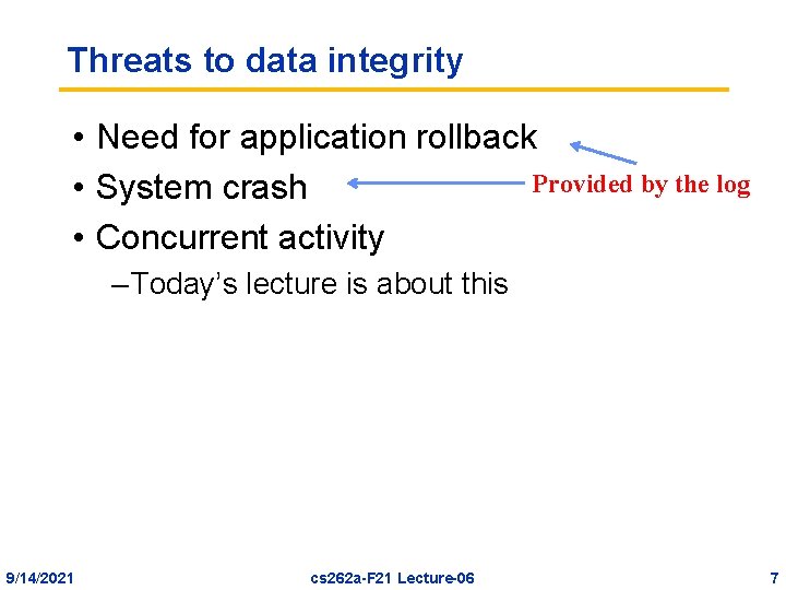 Threats to data integrity • Need for application rollback Provided by the log •