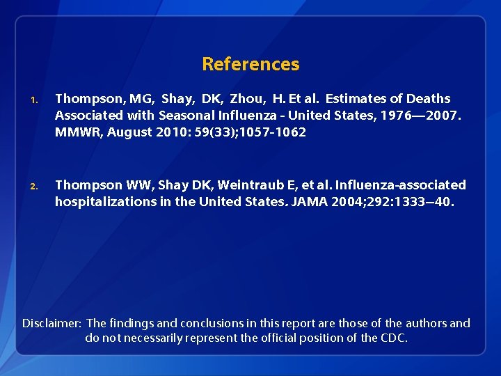 References 1. Thompson, MG, Shay, DK, Zhou, H. Et al. Estimates of Deaths Associated