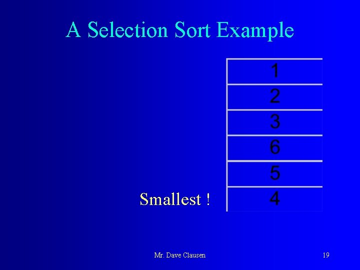 A Selection Sort Example Smallest ! Mr. Dave Clausen 19 