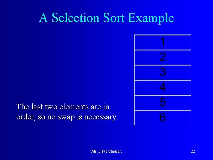 A Selection Sort Example The last two elements are in order, so no swap