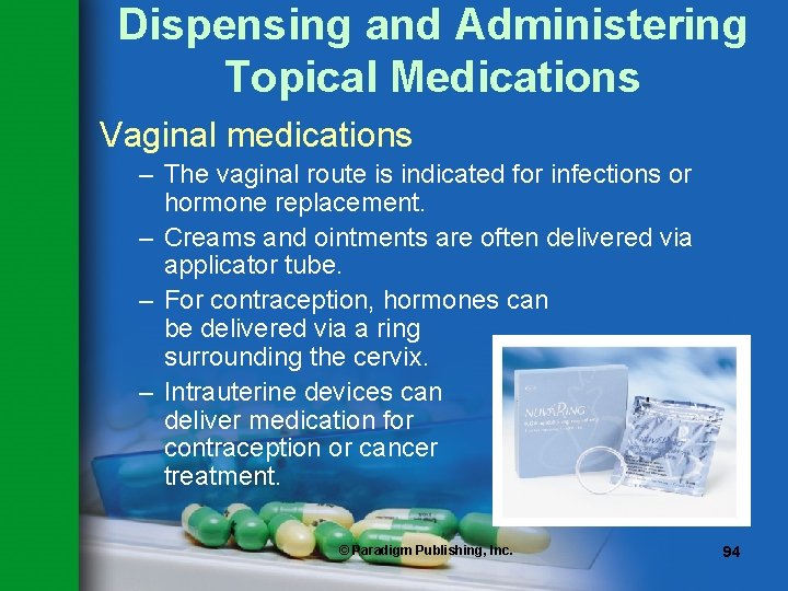 Dispensing and Administering Topical Medications Vaginal medications – The vaginal route is indicated for