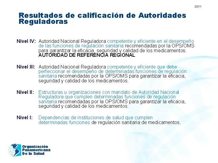 2011 Resultados de calificación de Autoridades Reguladoras Nivel IV: Autoridad Nacional Reguladora competente y