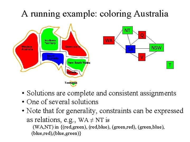 A running example: coloring Australia NT WA Q NSW SA V T • Solutions