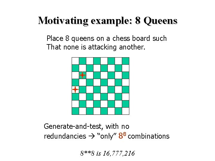 Motivating example: 8 Queens Place 8 queens on a chess board such That none