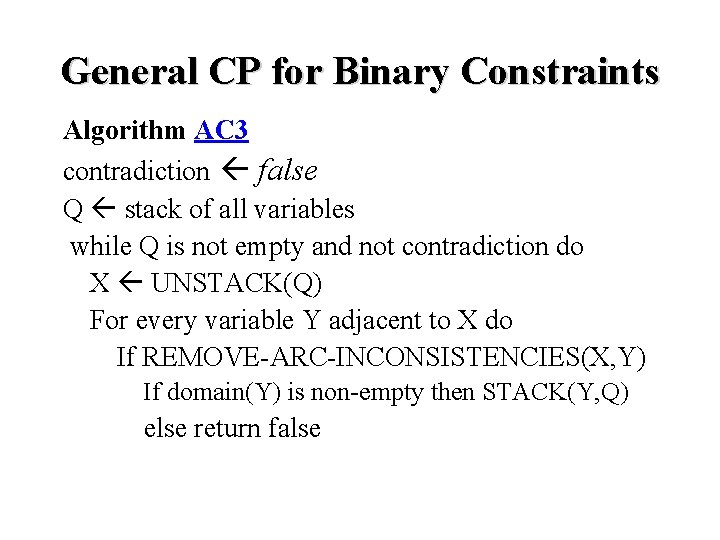 General CP for Binary Constraints Algorithm AC 3 contradiction false Q stack of all