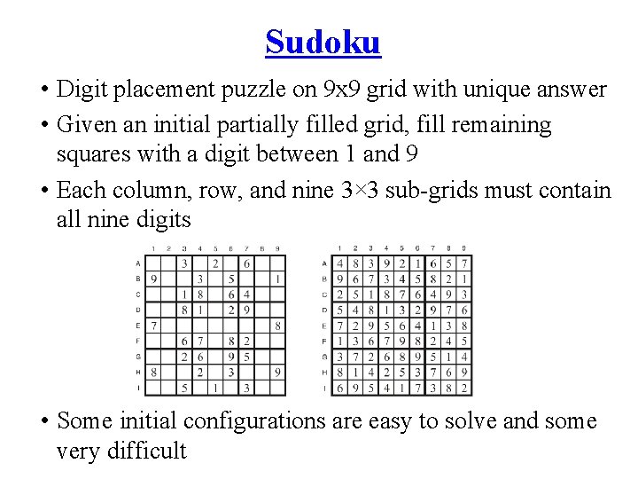 Sudoku • Digit placement puzzle on 9 x 9 grid with unique answer •