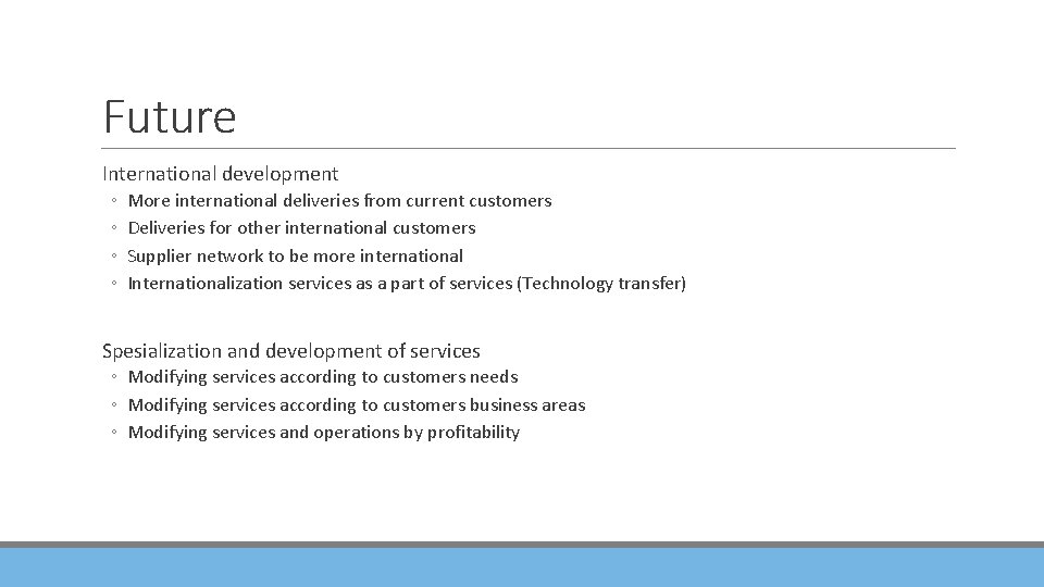 Future International development ◦ ◦ More international deliveries from current customers Deliveries for other