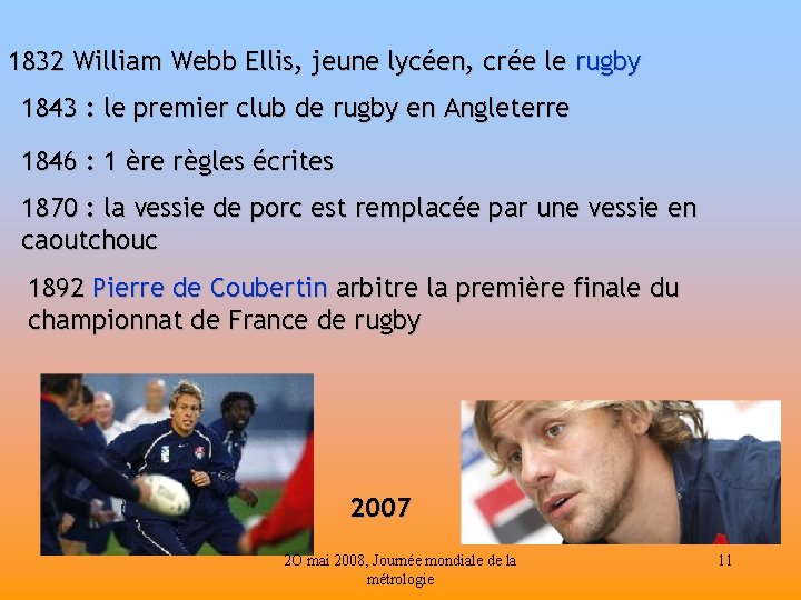 1832 William Webb Ellis, jeune lycéen, crée le rugby 1843 : le premier club