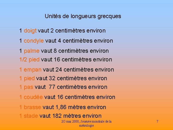 Unités de longueurs grecques 1 doigt vaut 2 centimètres environ 1 condyle vaut 4