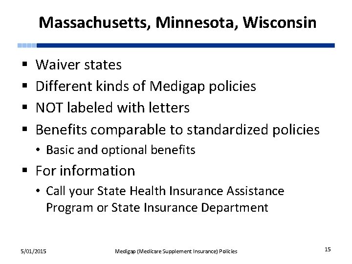 Massachusetts, Minnesota, Wisconsin § § Waiver states Different kinds of Medigap policies NOT labeled