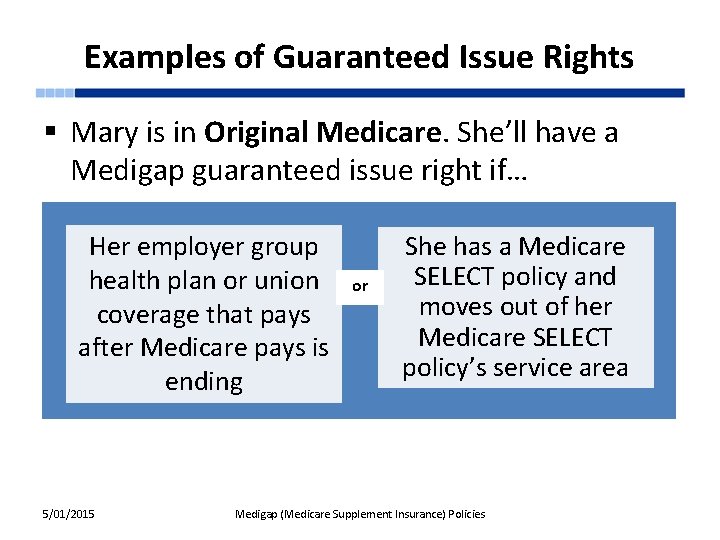 Examples of Guaranteed Issue Rights § Mary is in Original Medicare. She’ll have a