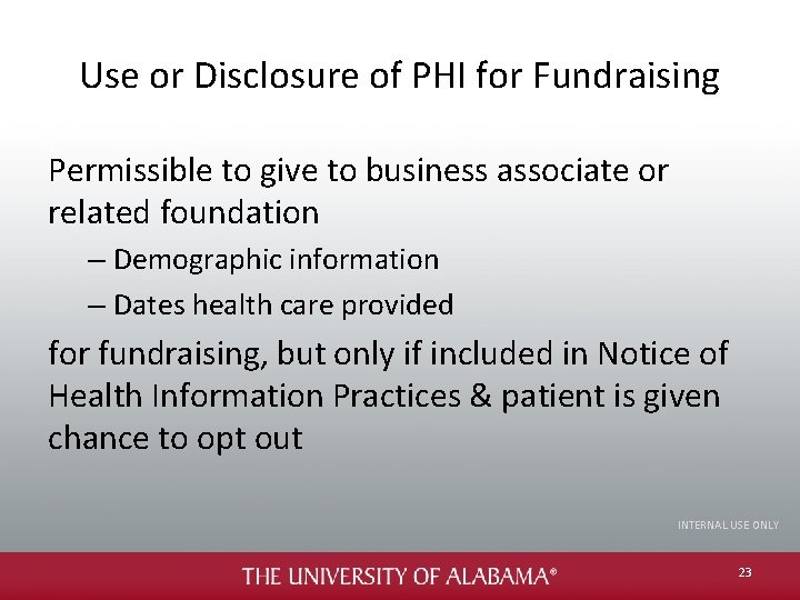 Use or Disclosure of PHI for Fundraising Permissible to give to business associate or