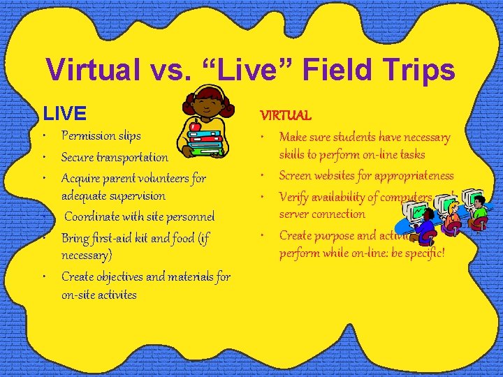 Virtual vs. “Live” Field Trips LIVE • Permission slips • Secure transportation • Acquire