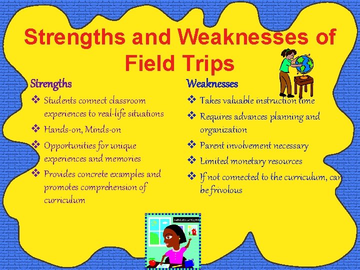 Strengths and Weaknesses of Field Trips Strengths Weaknesses v Students connect classroom experiences to