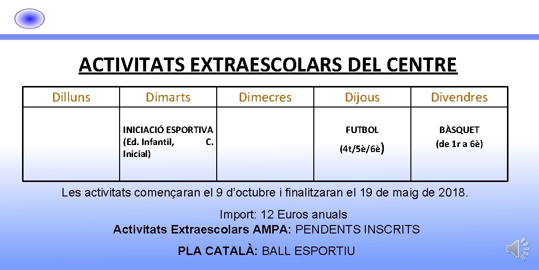 ACTIVITATS EXTRAESCOLARS DEL CENTRE Dilluns Dimarts INICIACIÓ ESPORTIVA (Ed. Infantil, C. Inicial) Dimecres Dijous