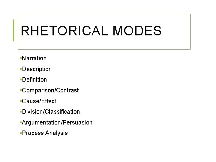 RHETORICAL MODES §Narration §Description §Definition §Comparison/Contrast §Cause/Effect §Division/Classification §Argumentation/Persuasion §Process Analysis RHETORICAL MODES §Narration §Description §Definition §Comparison/Contrast §Cause/Effect §Division/Classification §Argumentation/Persuasion §Process Analysis