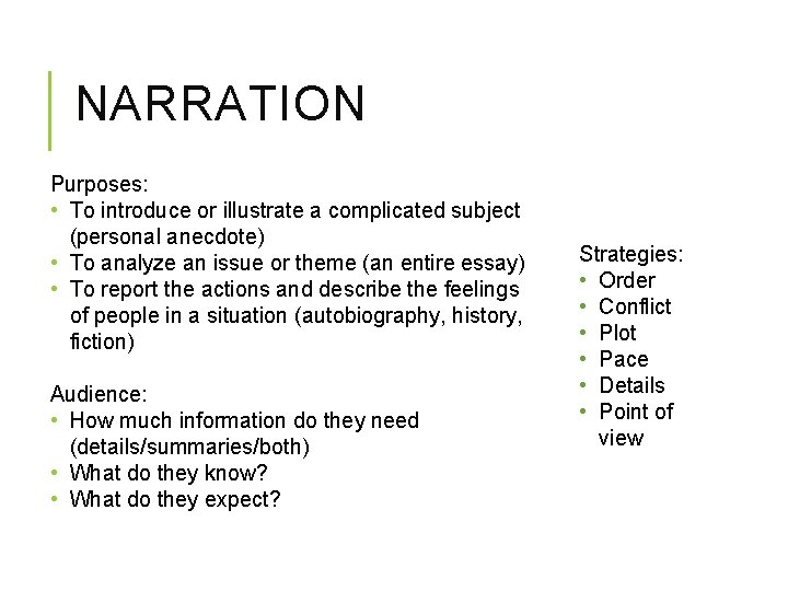 NARRATION Purposes: • To introduce or illustrate a complicated subject (personal anecdote) • To NARRATION Purposes: • To introduce or illustrate a complicated subject (personal anecdote) • To