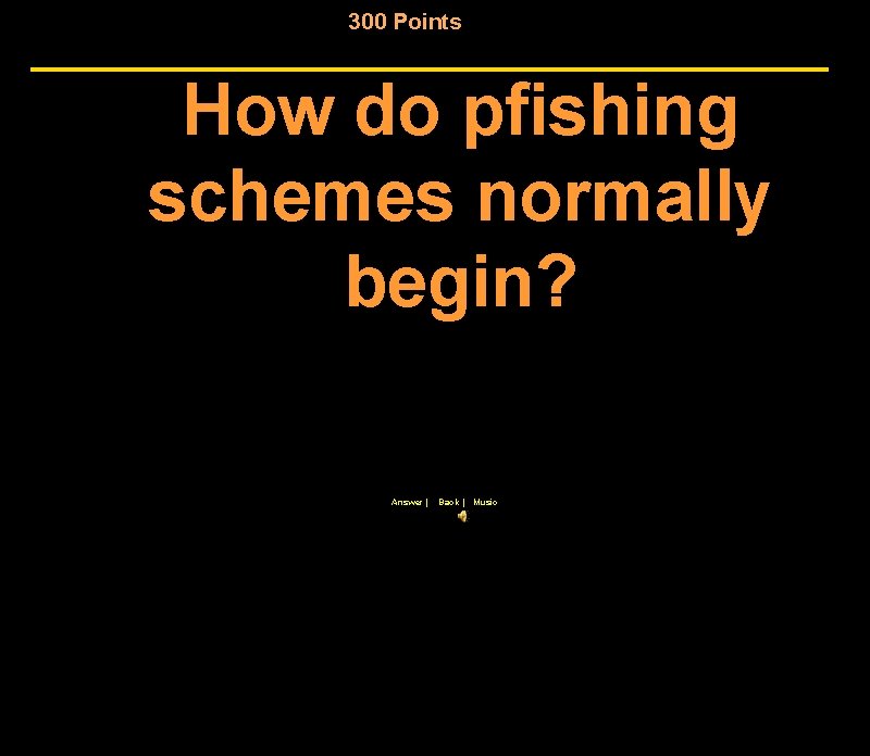 300 Points How do pfishing schemes normally begin? Answer | Back | Music 