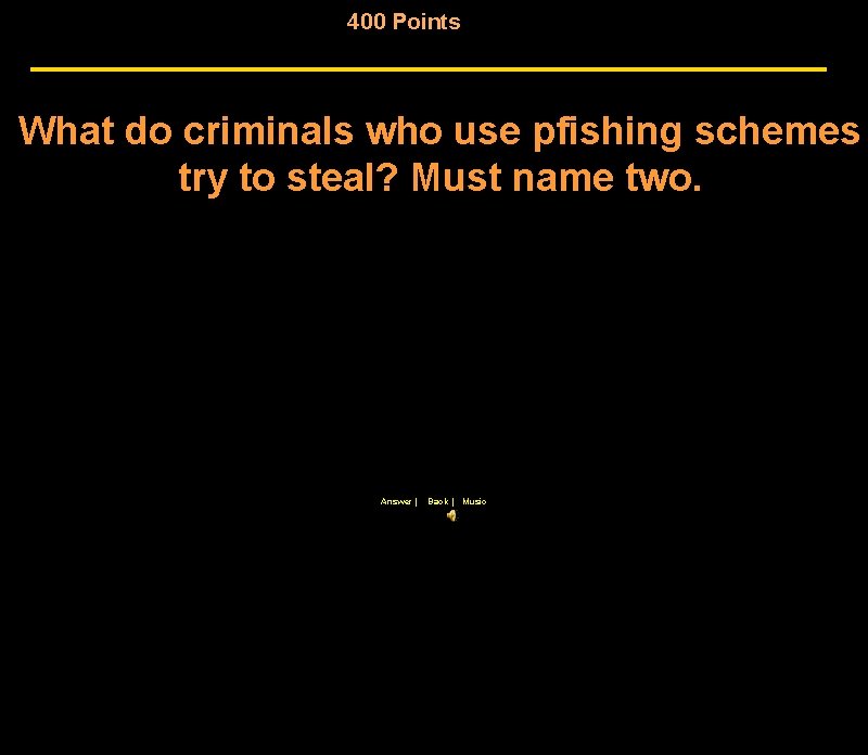 400 Points What do criminals who use pfishing schemes try to steal? Must name