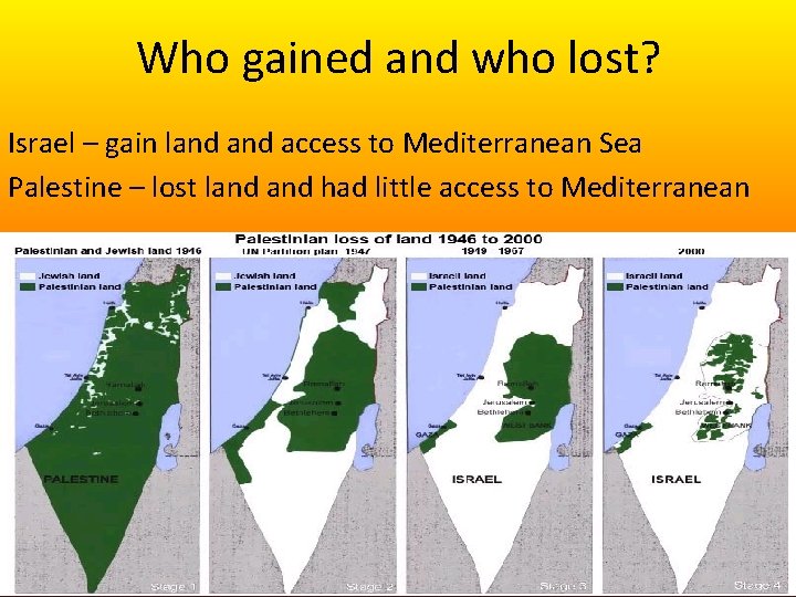 Who gained and who lost? Israel – gain land access to Mediterranean Sea Palestine