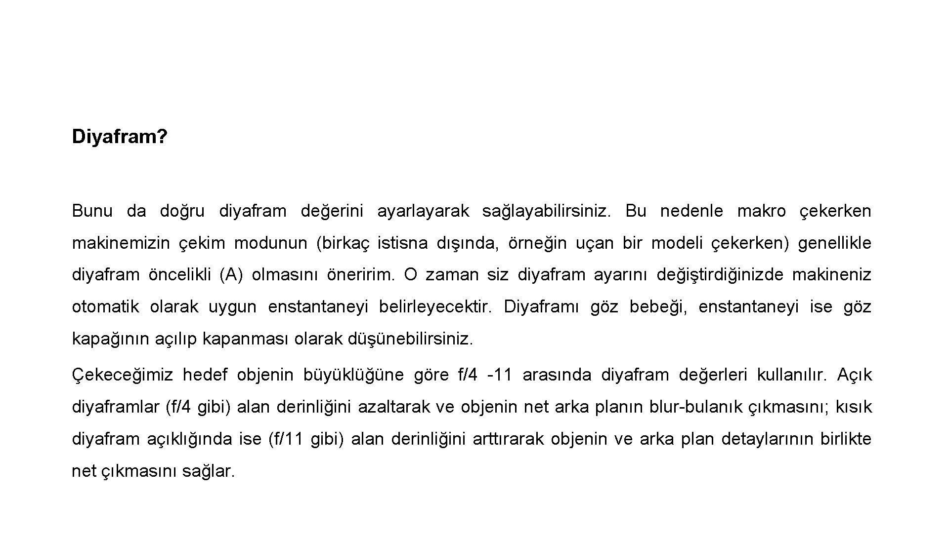 Diyafram? Bunu da doğru diyafram değerini ayarlayarak sağlayabilirsiniz. Bu nedenle makro çekerken makinemizin çekim