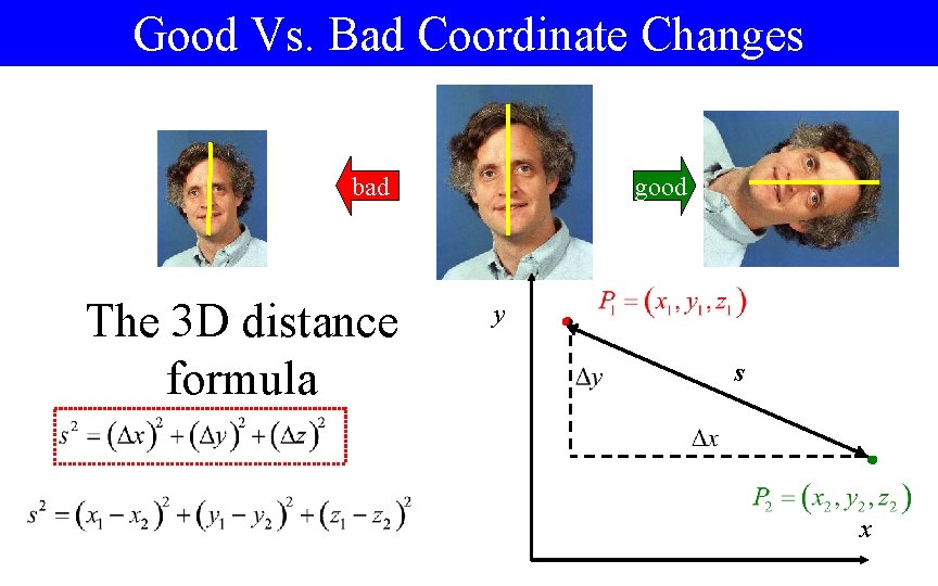 Good Vs. Bad Coordinate Changes bad The 3 D distance formula good y s Good Vs. Bad Coordinate Changes bad The 3 D distance formula good y s