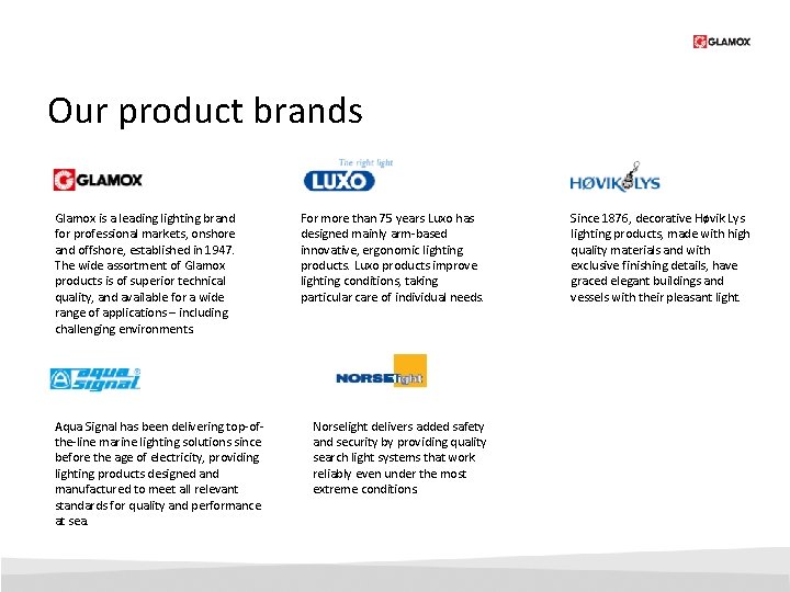 Our product brands Glamox is a leading lighting brand for professional markets, onshore and