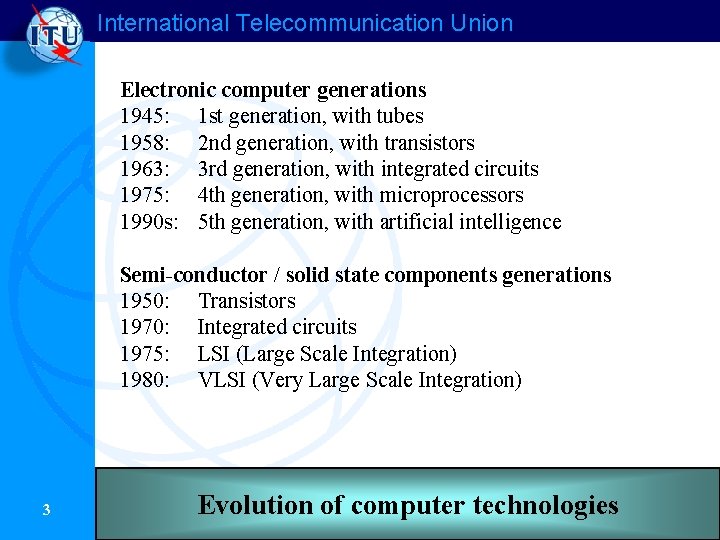 International Telecommunication Union Electronic computer generations 1945: 1 st generation, with tubes 1958: 2