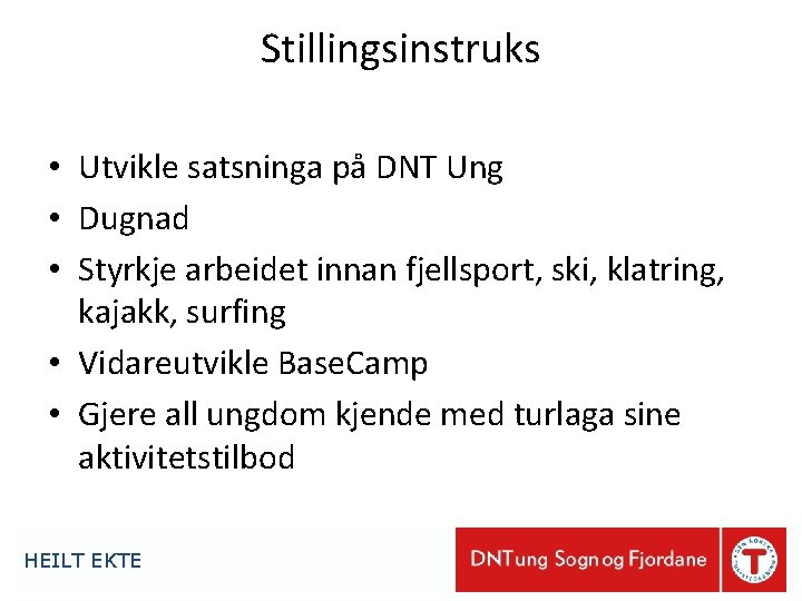 Stillingsinstruks • Utvikle satsninga på DNT Ung • Dugnad • Styrkje arbeidet innan fjellsport,