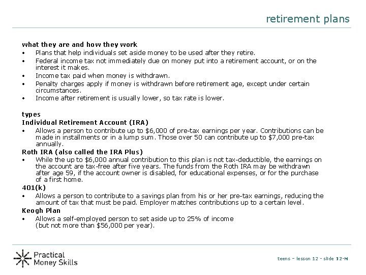 retirement plans what they are and how they work • Plans that help individuals