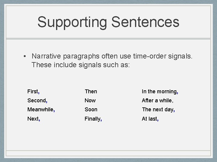 Supporting Sentences • Narrative paragraphs often use time-order signals. These include signals such as: