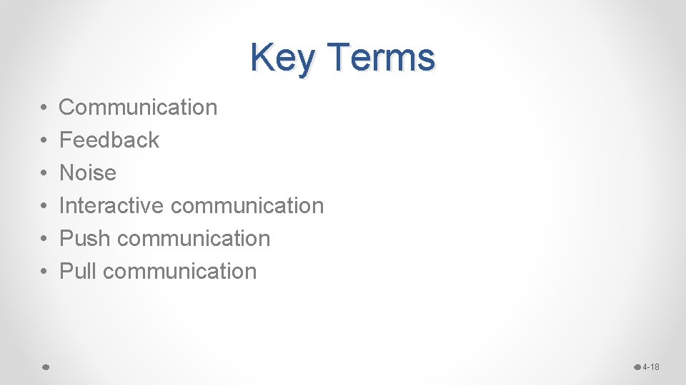 Key Terms • • • Communication Feedback Noise Interactive communication Push communication Pull communication