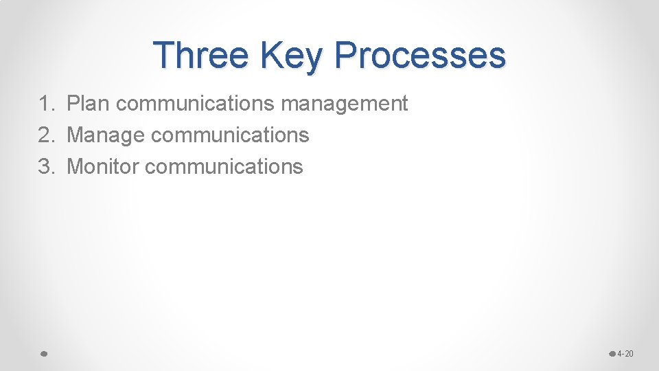 Three Key Processes 1. Plan communications management 2. Manage communications 3. Monitor communications 4