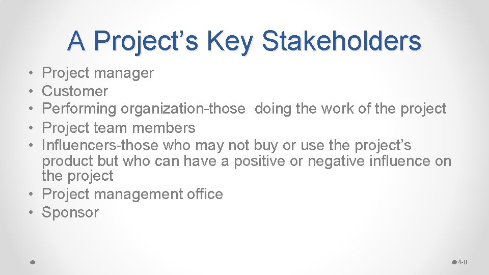 A Project’s Key Stakeholders • • • Project manager Customer Performing organization–those doing the