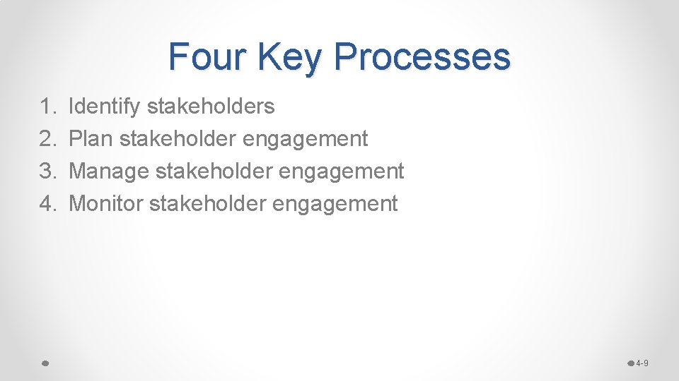 Four Key Processes 1. 2. 3. 4. Identify stakeholders Plan stakeholder engagement Manage stakeholder