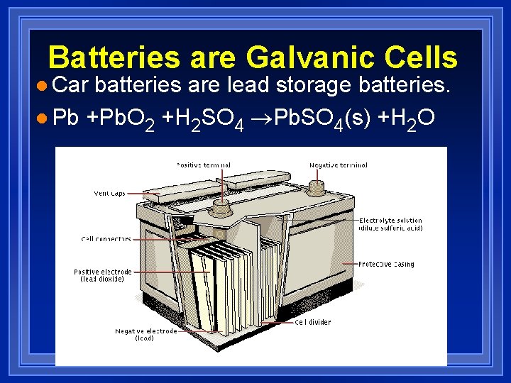 Batteries are Galvanic Cells l Car batteries are lead storage batteries. l Pb +Pb.