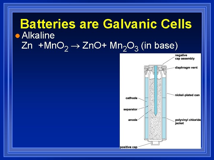 Batteries are Galvanic Cells l Alkaline Zn +Mn. O 2 ® Zn. O+ Mn