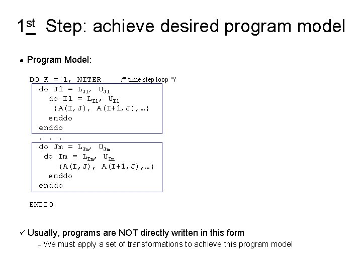1 st Step: achieve desired program model l Program Model: DO K = 1,