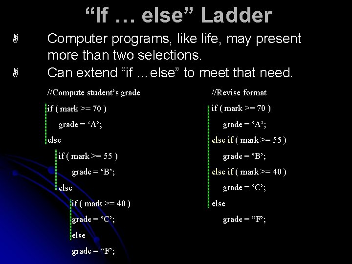 “If … else” Ladder A A Computer programs, like life, may present more than