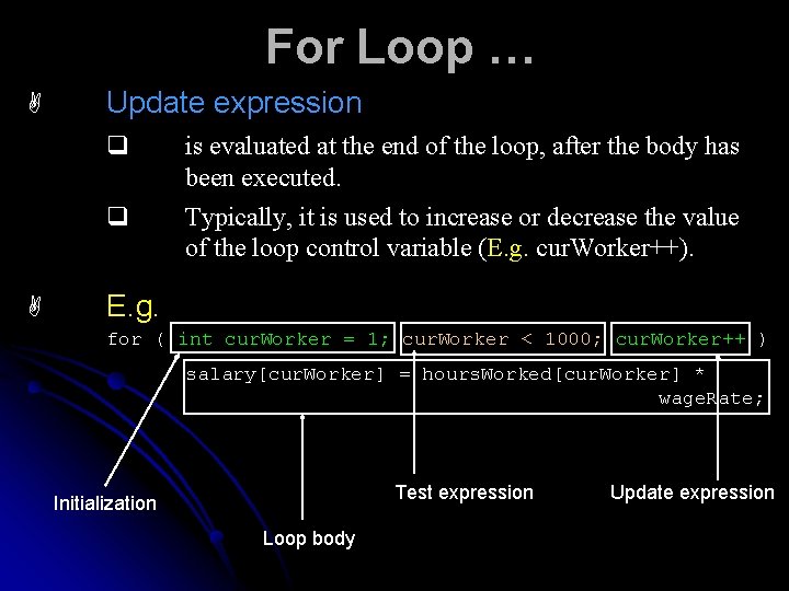 For Loop … A Update expression q q A is evaluated at the end