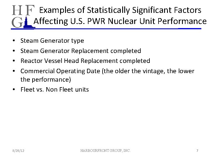 Examples of Statistically Significant Factors Affecting U. S. PWR Nuclear Unit Performance Steam Generator