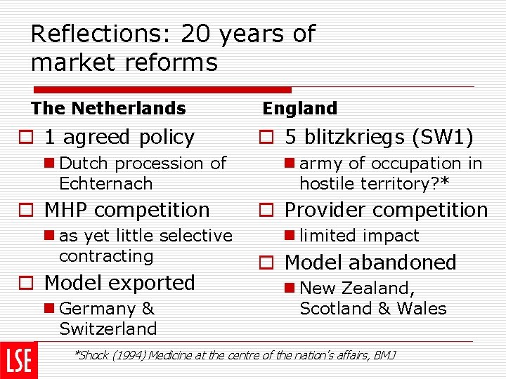 Reflections: 20 years of market reforms The Netherlands o 1 agreed policy n Dutch