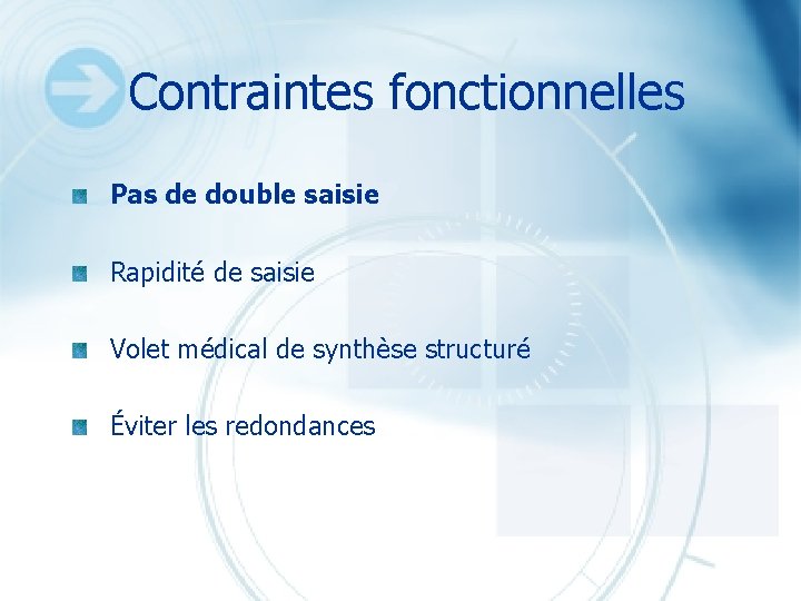 Contraintes fonctionnelles Pas de double saisie Rapidité de saisie Volet médical de synthèse structuré