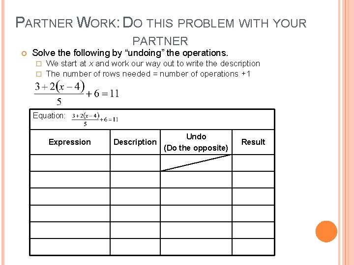 PARTNER WORK: DO THIS PROBLEM WITH YOUR PARTNER Solve the following by “undoing” the