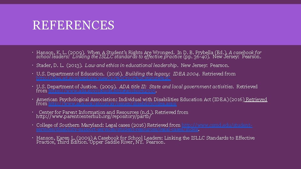 REFERENCES Hanson, K. L. (2009). When A Student’s Rights Are Wronged. In D. B.