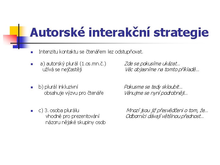 Autorské interakční strategie n n Intenzitu kontaktu se čtenářem lez odstupňovat. a) autorský plurál